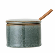 Green Stoneware Pot with Lid and a Spoon