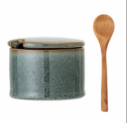 Green Stoneware Pot with Lid and a Spoon